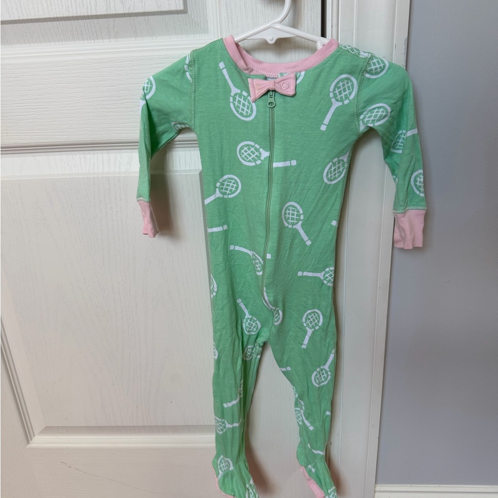 The Beaufort Bonnet Company Green and Pink Tennis Print Footie